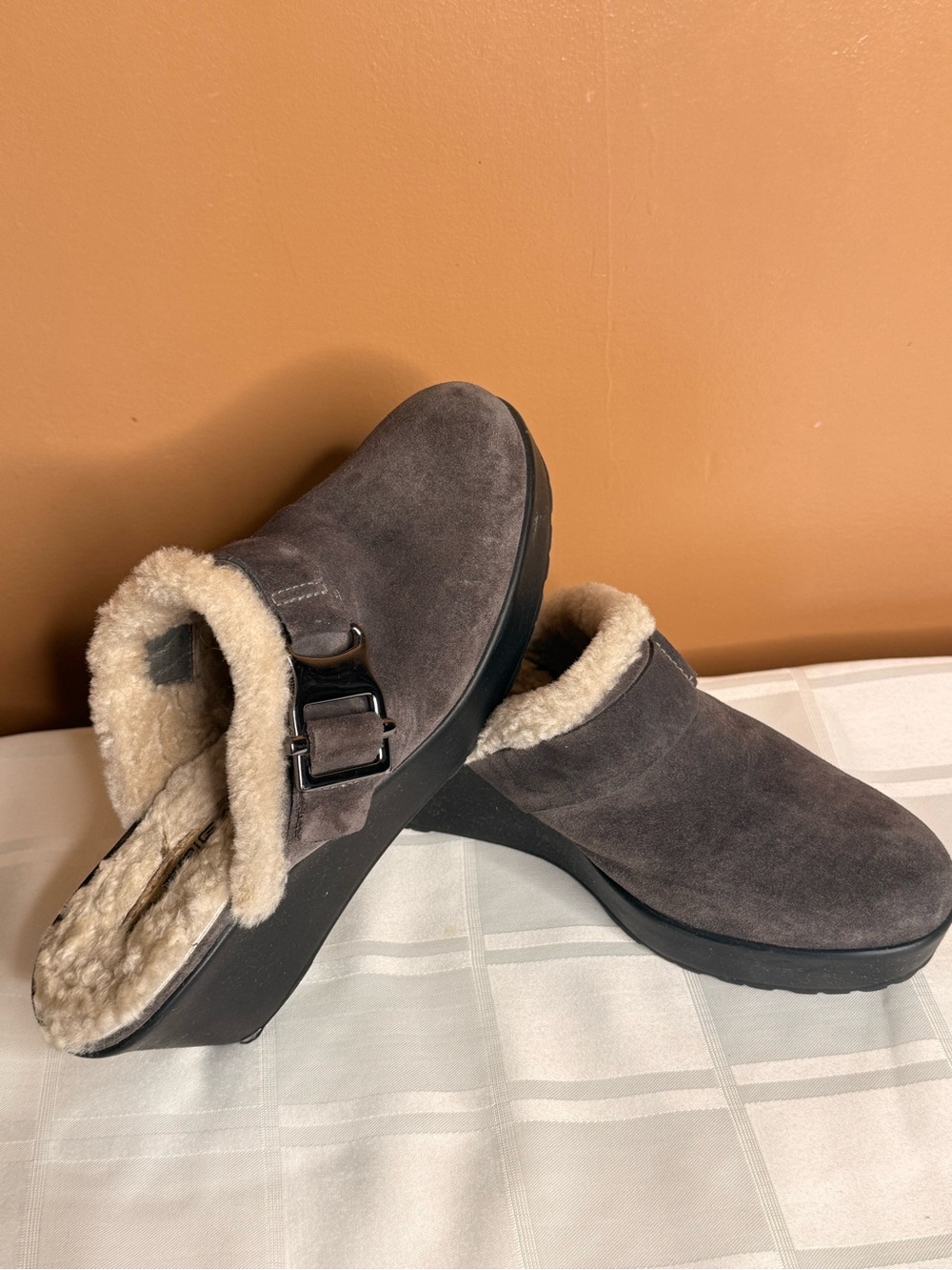 Via Spiga Gray Suede Faux-Shearling Clog Mules